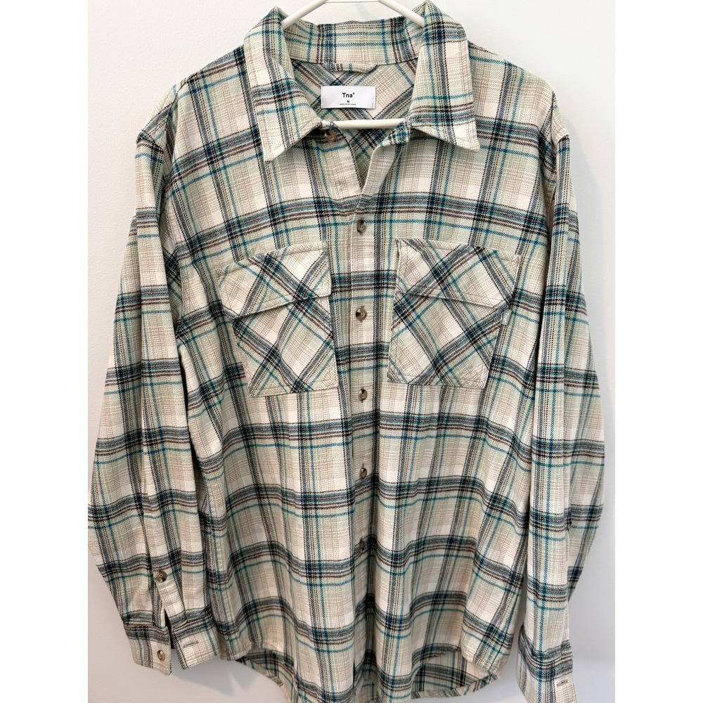 Tna Women's Flannel Shirt Cream Teal Medium Organic Cotton Plaid EUC